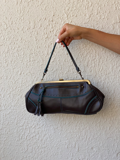 Vintage Y2K Worthington Brown PVC Teal Trim Frame Shoulder Bag