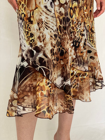 Vintage Y2K Brown Animal Print Mesh Midi Skirt – L