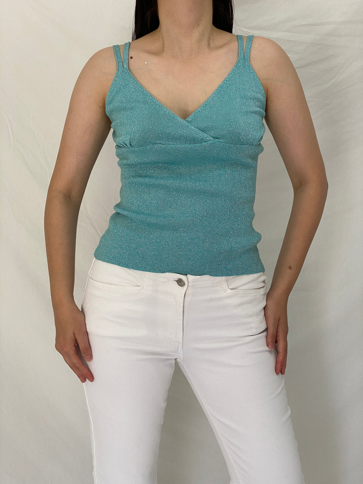 Vintage Y2K Aqua Blue Metallic Lurex Knit Double Strap Cami Top - M Vintage Y2K Aqua Blue Metallic Lurex Knit Double Strap Cami Top - M