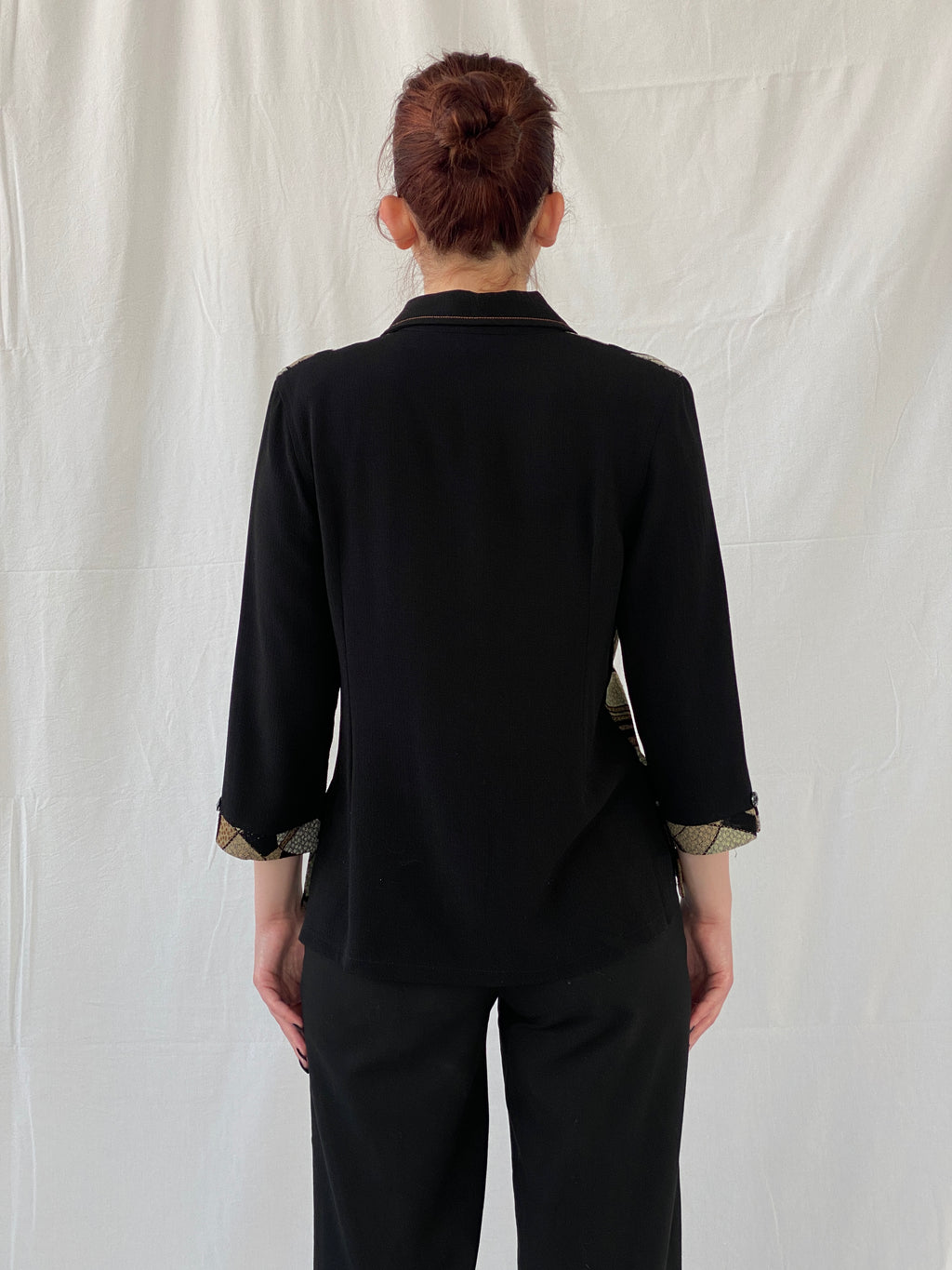 Vintage Telihuang Black and Beige Women’s Abstract Design Shimmery Buttoned Shirt - XL