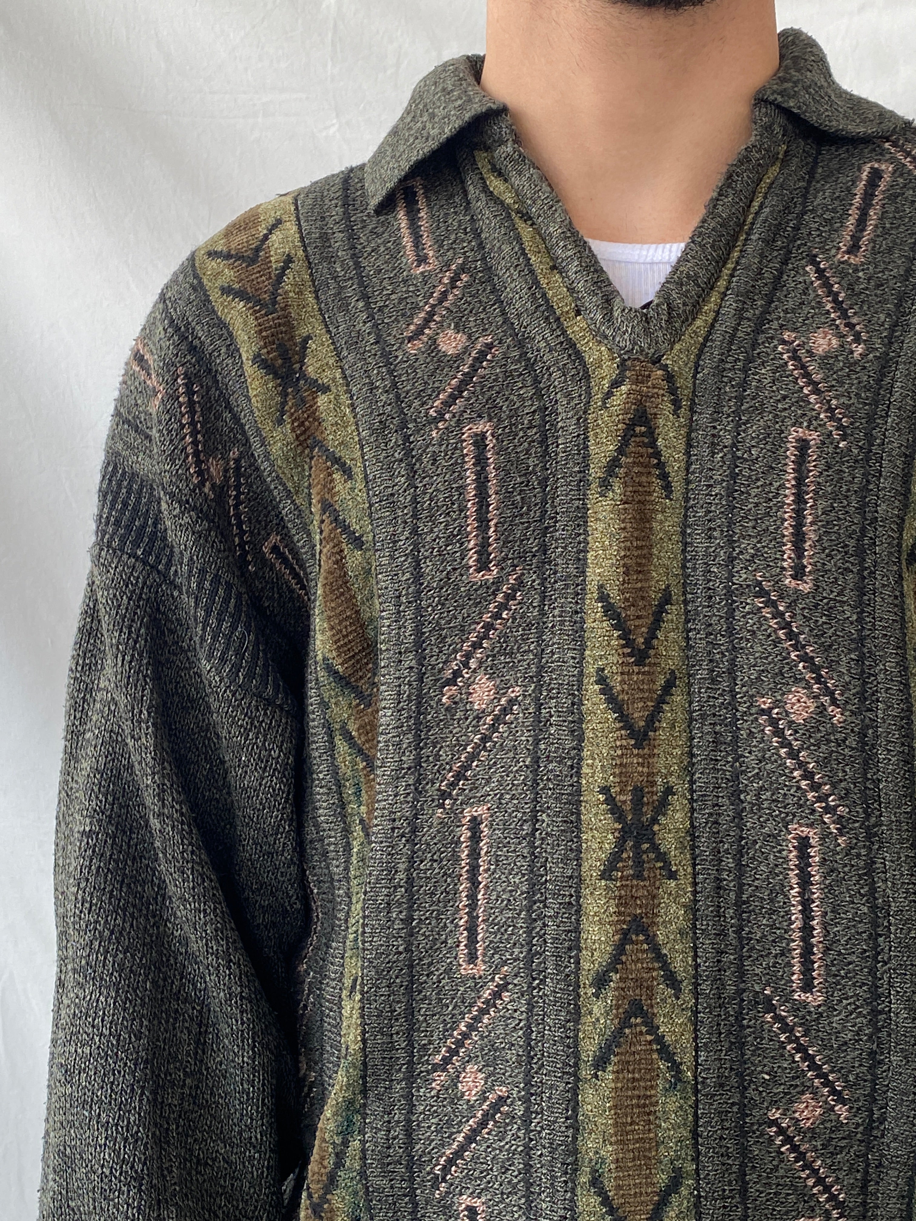 Vintage Men’s Green Knitted Crew Neck Geometric Jumper Sweater - L