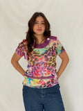 Vintage 90s Gevana Made in France Mesh Print Top Colorful Sheer Abstract Leopard Tee - L