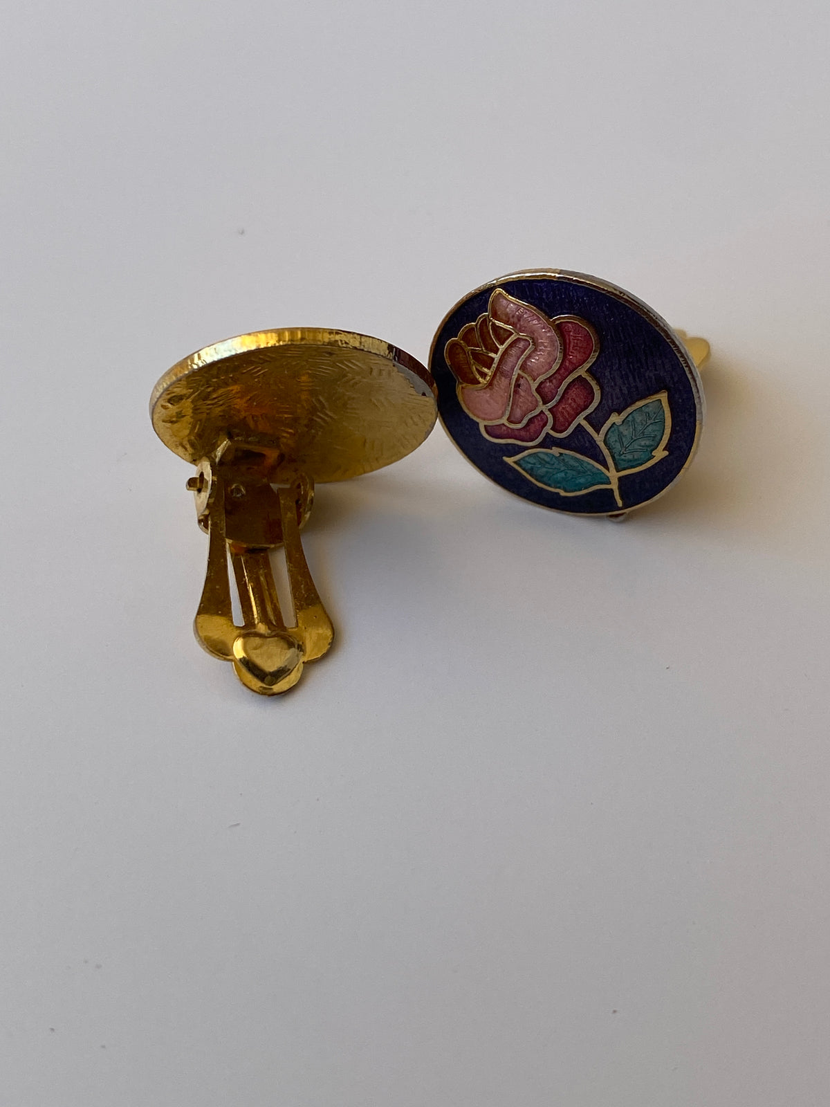 Vintage Enamel Rose Clip-On Blue Floral Cloisonné Style Mini Earrings Vintage Enamel Rose Clip-On Blue Floral Cloisonné Style Mini Earrings