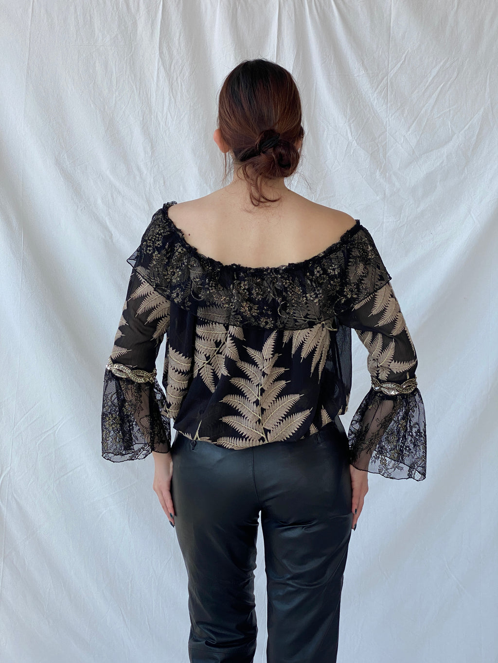 Laurie And Joe Bohemian Black Sheer and Lace Embroidered Off Shoulders Top - M
