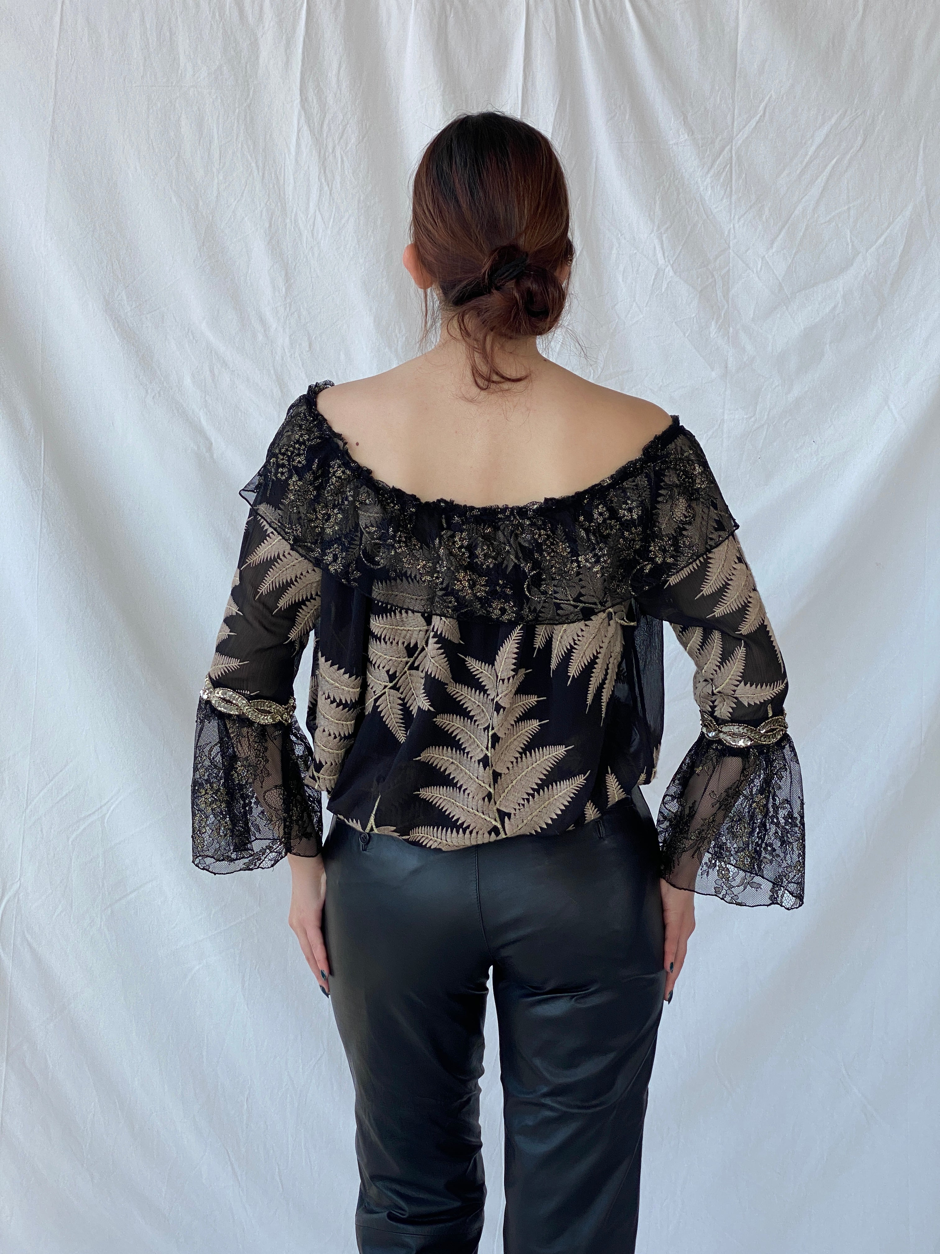 Laurie And Joe Bohemian Black Sheer and Lace Embroidered Off Shoulders Top - M