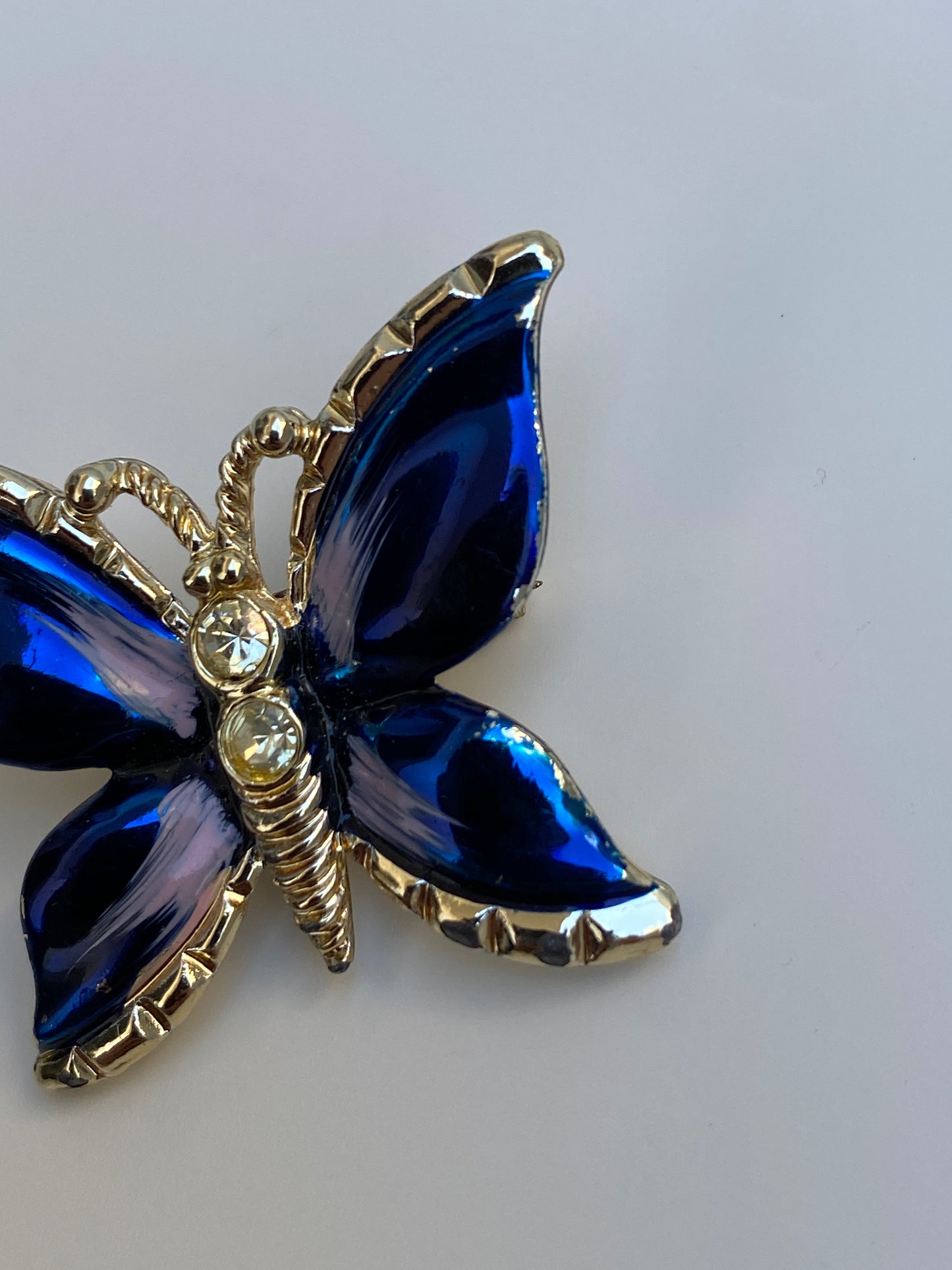 Vintage Blue Enamel Butterfly Pin Crystal Rhinestone Accents Brooch
