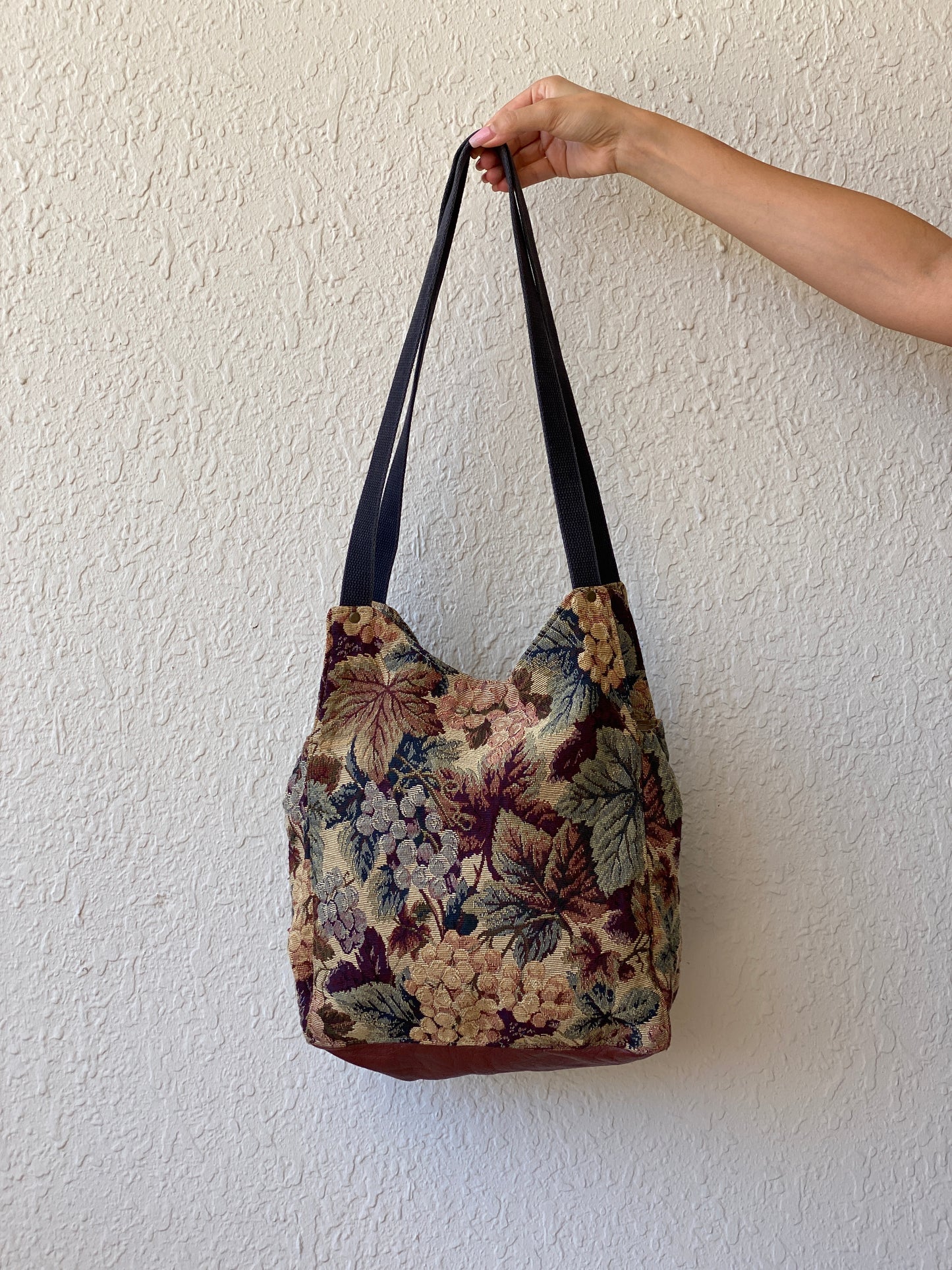 Vintage Floral Tapestry Tote Bag Earth Tone Bucket Bag
