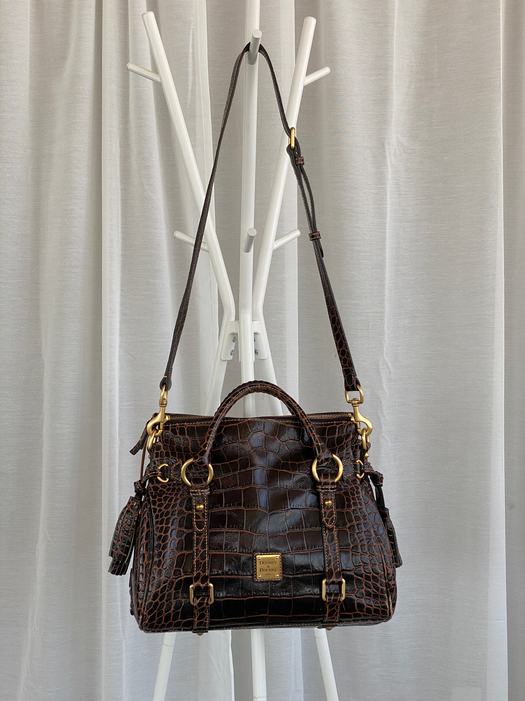 Dooney & Bourke Brown Croc Print Designer Hand Bag with Side Tassels and Gold Details