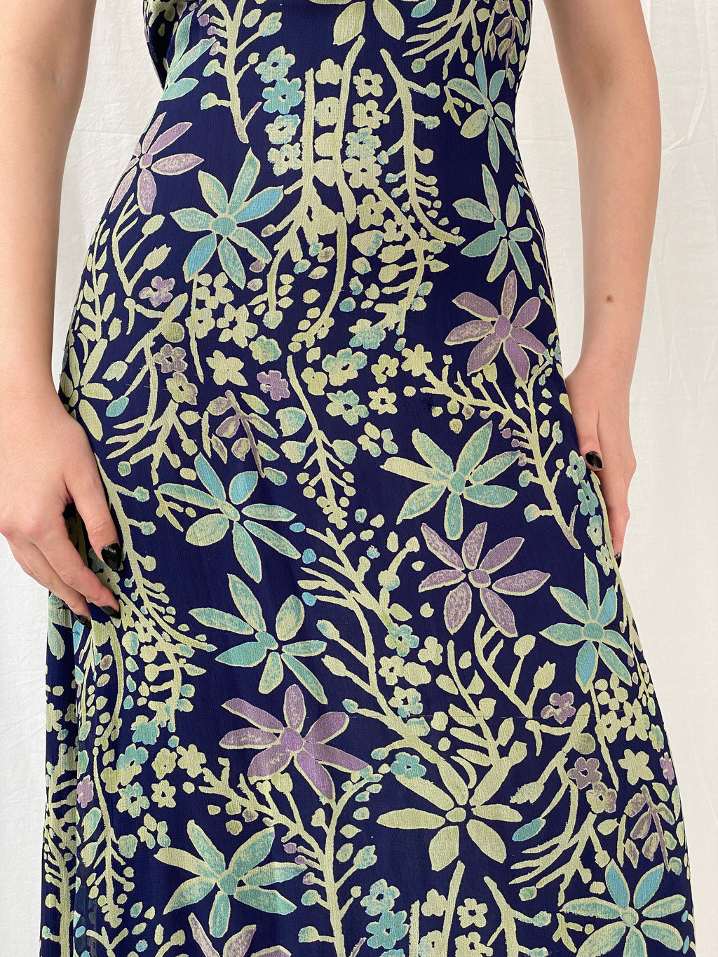 Vintage 90s Kusht Too Floral Navy Spaghetti Strap Slip Maxi Dress - M