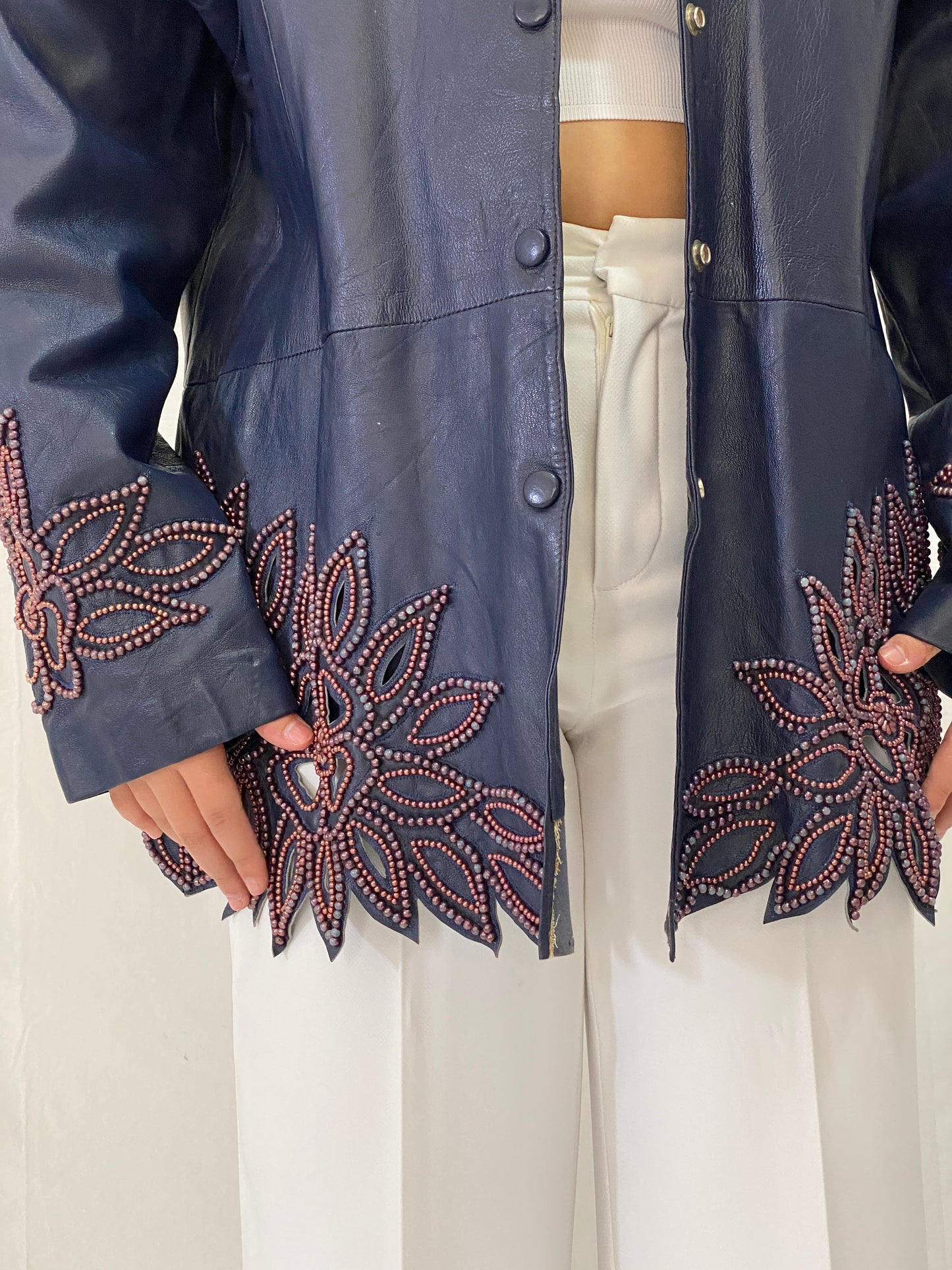 Vintage KOSHAR Genuine Leather Duster Coat Navy Beaded Cut-Out Floral Jacket - XL