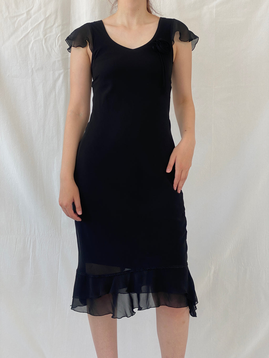 Vintage 90s Invait Romantic Black Sleeveless Midi Dress - S