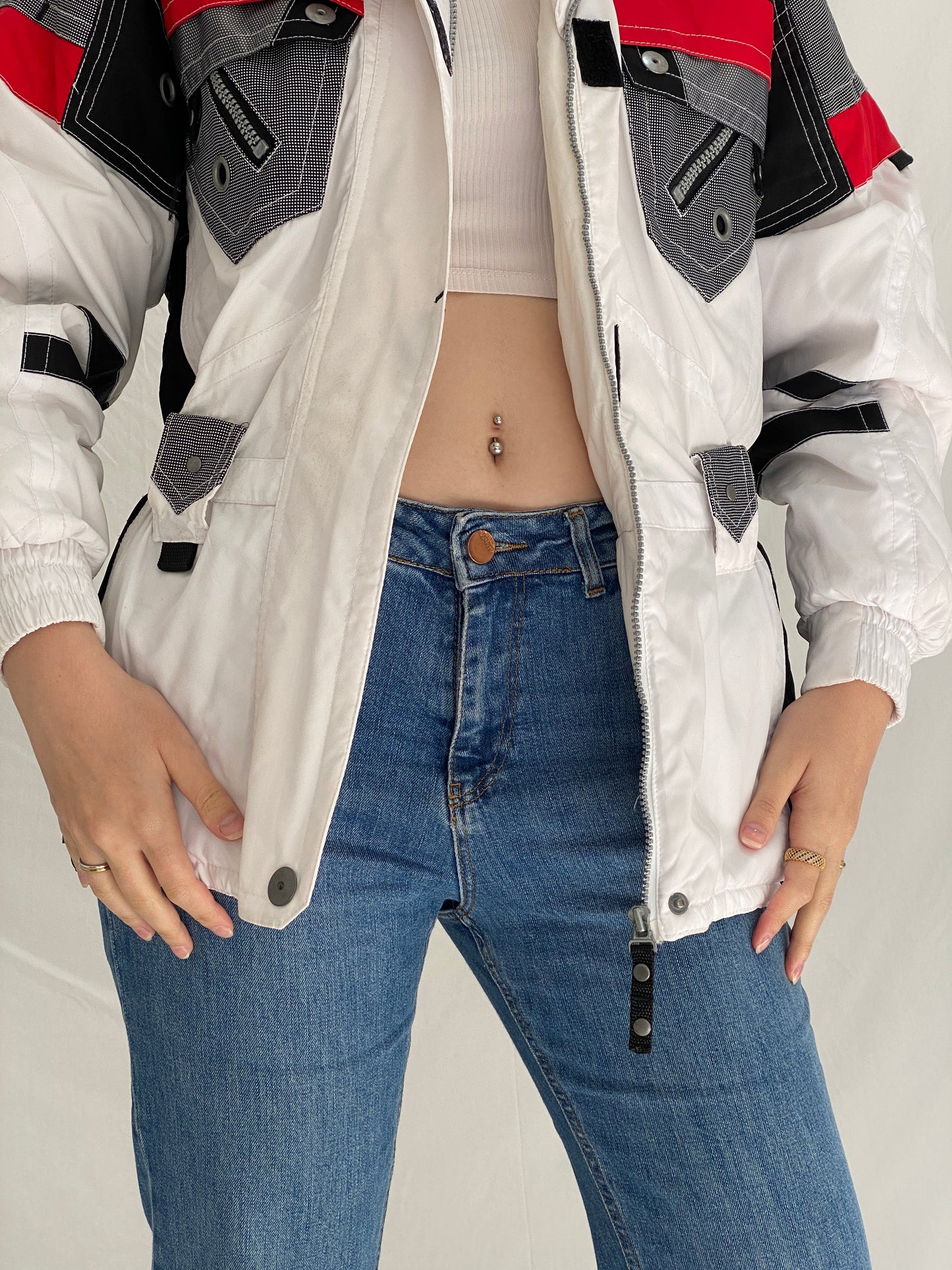 Vintage 90s Rodeo Colorblock Ski Jacket Retro White Black Red Windbreaker - S