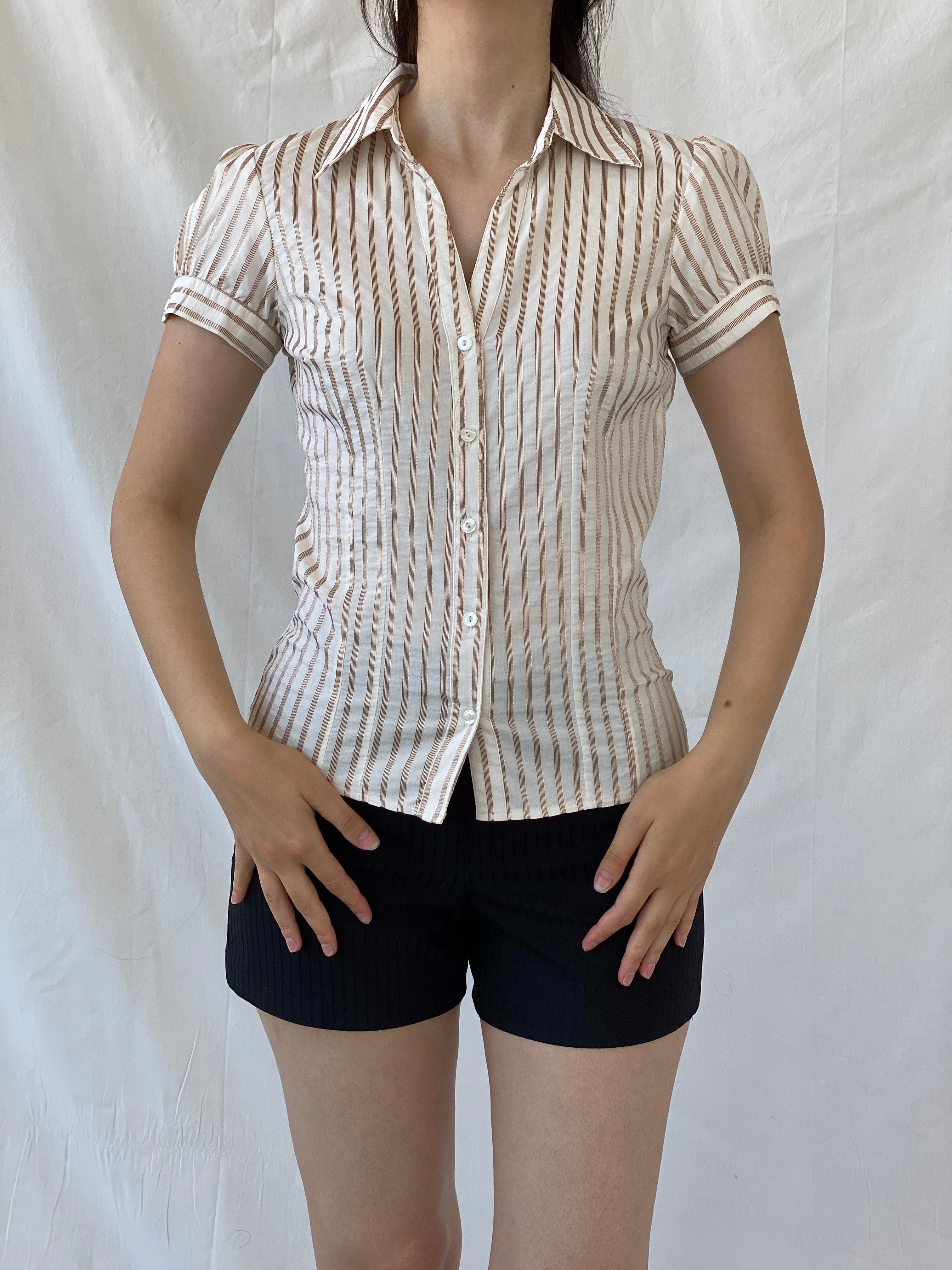 Vintage Y2K Naf Naf Beige White Gold Stitching Striped Officecore Shirt - M