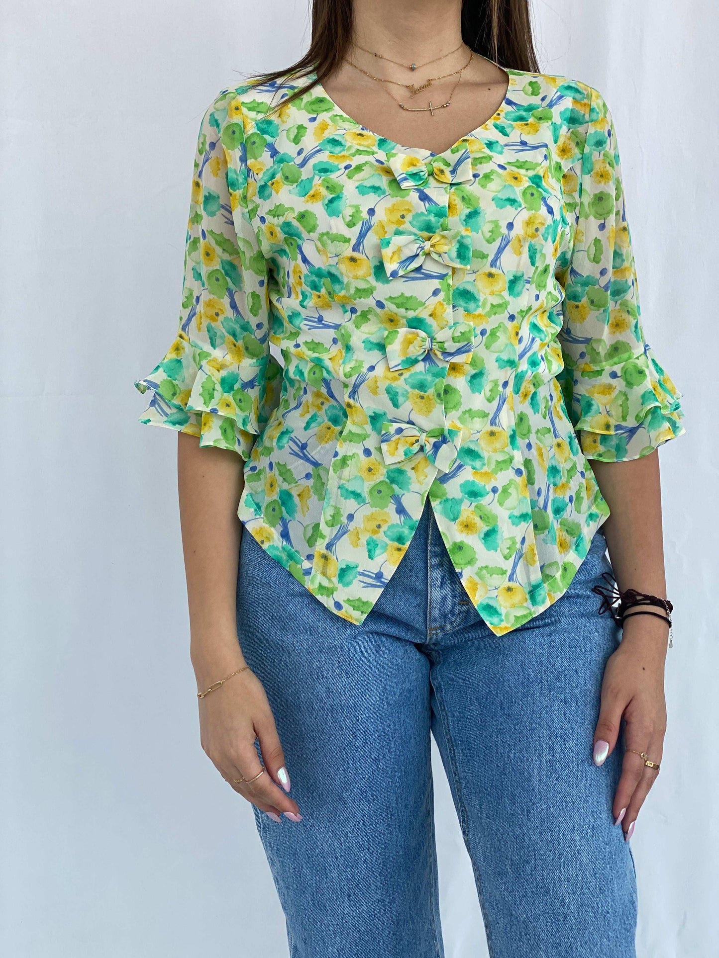 Vintage Floral Green and Yellow Shirt Size S - Balagan Vintage Half Sleeve Shirt floral, floral print, floral shirt, Juana, NEW IN