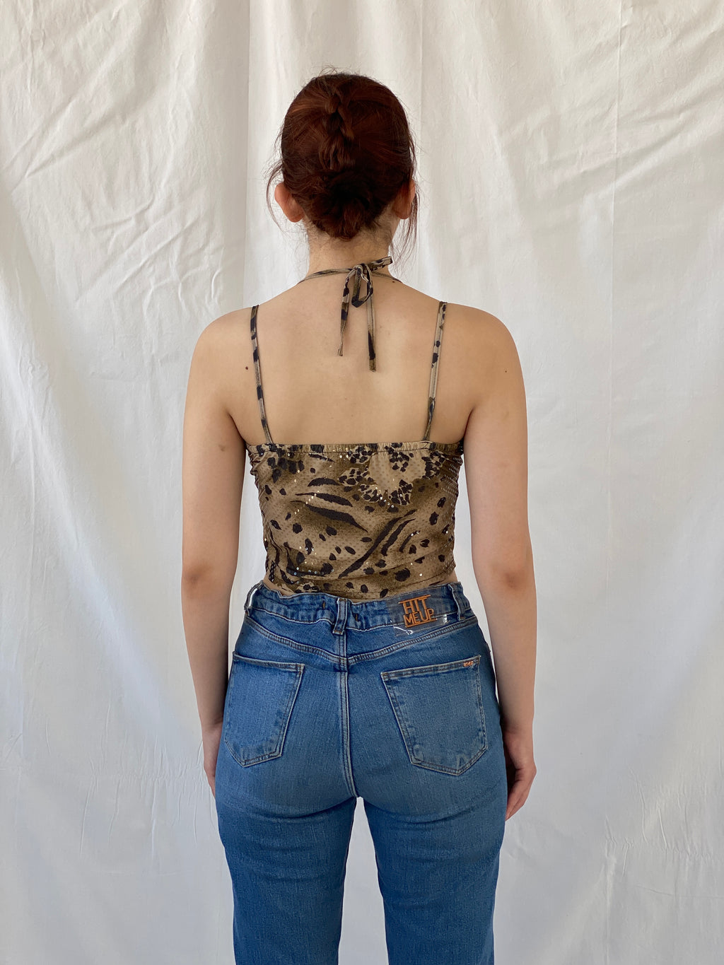 Y2K Mazloum Leopard Crop Cut Out Halter Tie Women’s Top - S