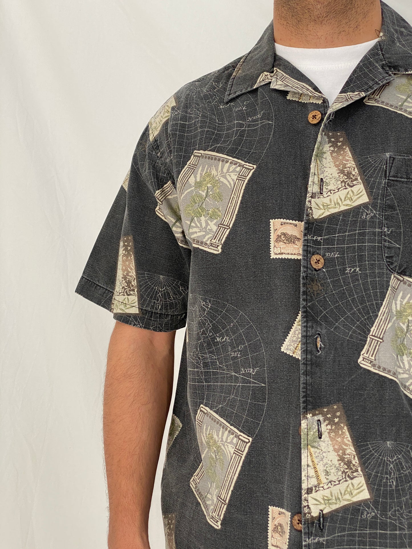 Vintage Joe Marlin Tropical Postcard Print Cotton Rayon Camp Shirt – M