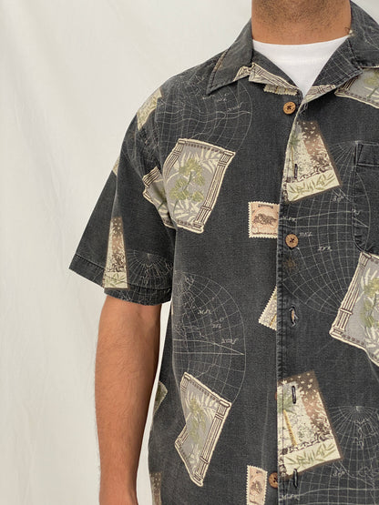 Vintage Joe Marlin Tropical Postcard Print Cotton Rayon Camp Shirt – M