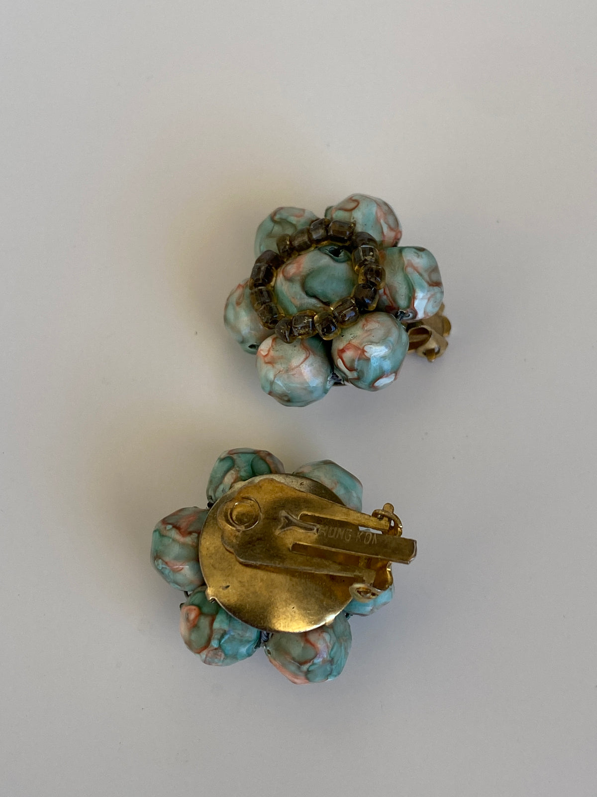Vintage 1950s Pastel Beaded Floral Clip-On Earrings Turquoise Marble Lucite Cluster Statement Earrings Vintage 1950s Pastel Beaded Floral Clip-On Earrings Turquoise Marble Lucite Cluster Statement Earrings