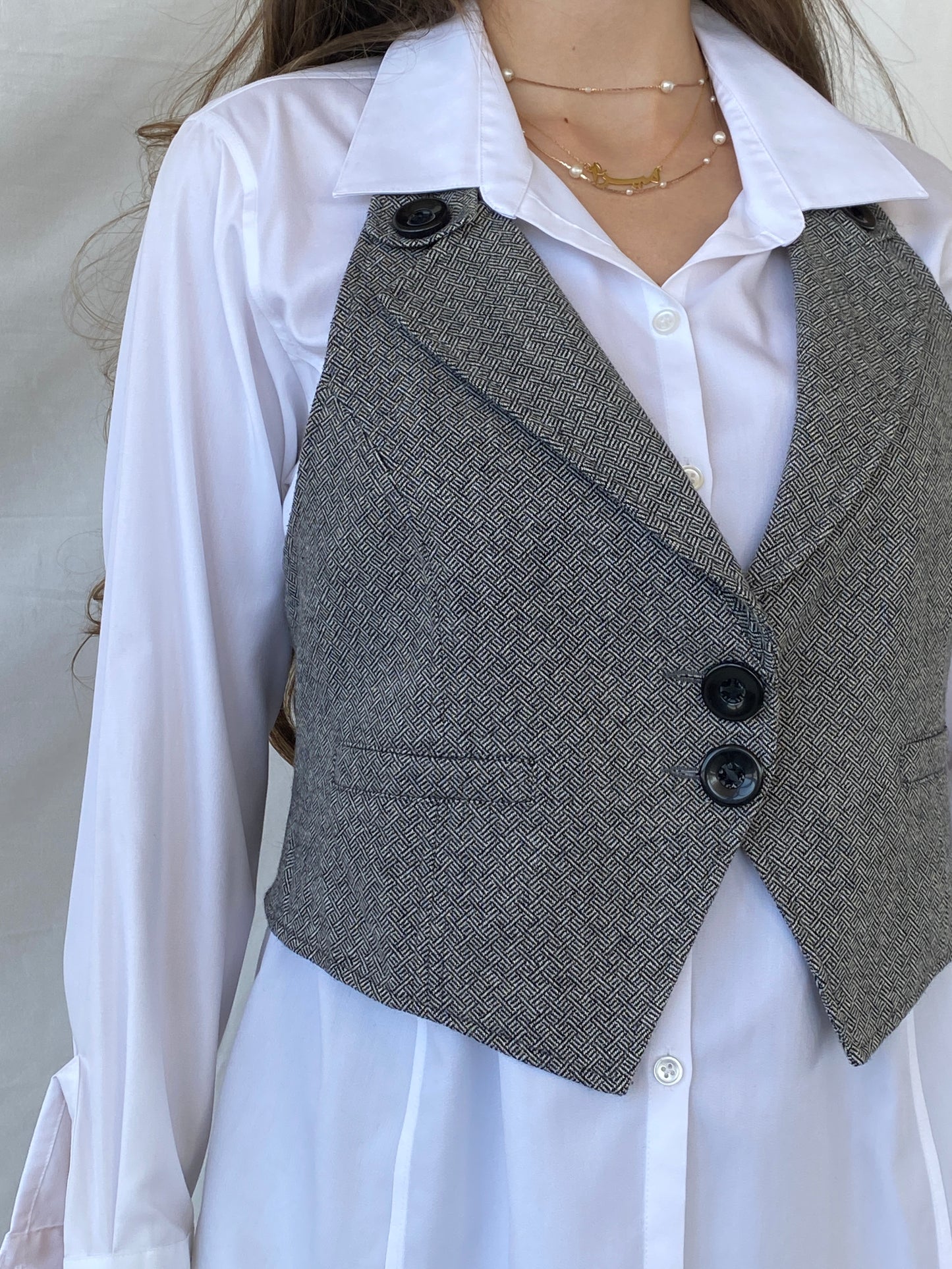 Y2K Broadway NYC Fashion Wool Gray Button Up Cropped Vest - XL