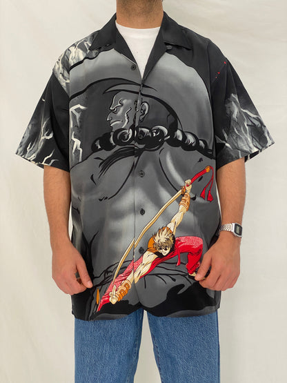 Vintage Y2K Million Guy Anime Graphic Button Up Shirt Black Grey Samurai Manga Shirt - M