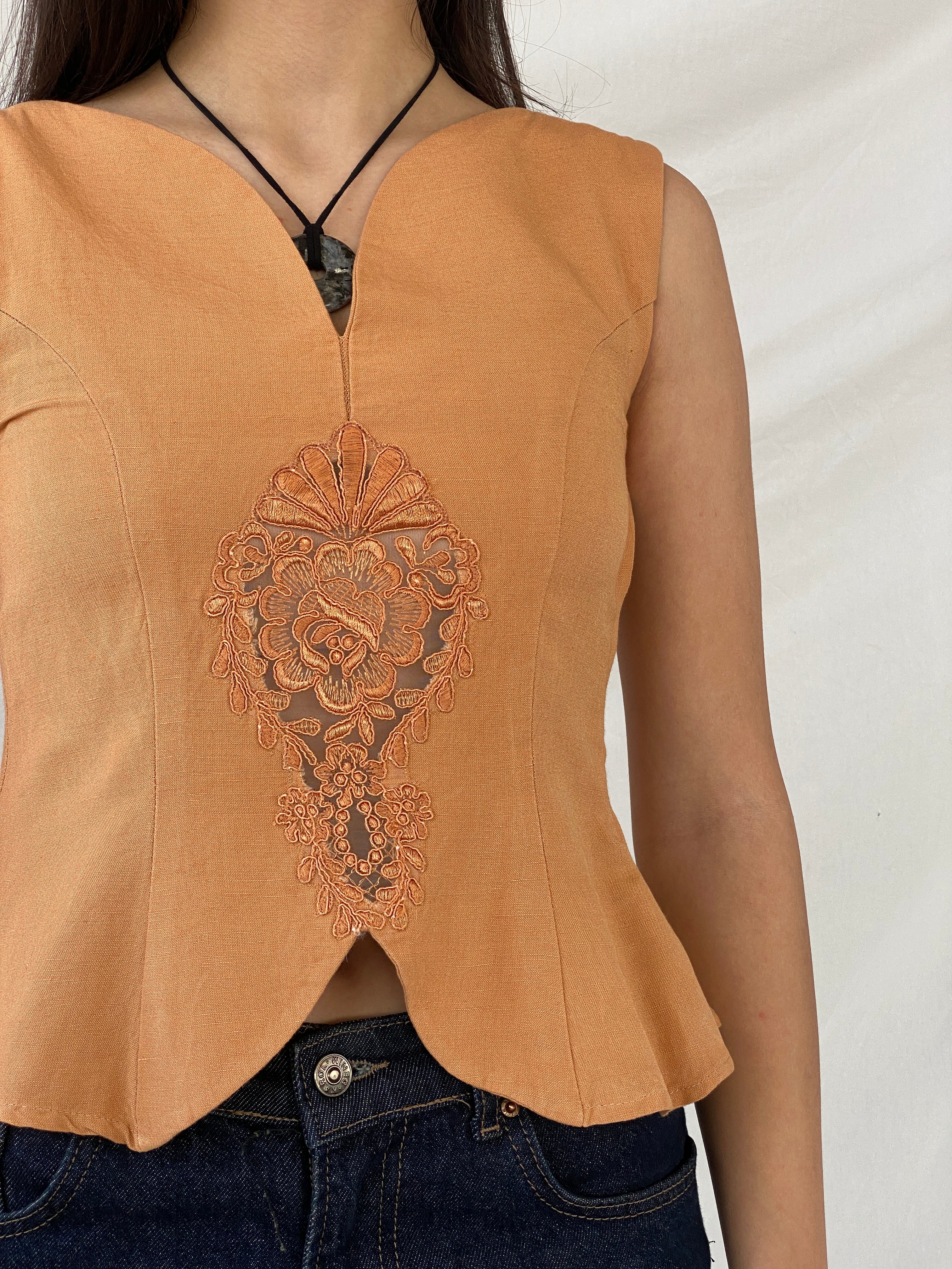 Vintage VICTORIO & LUCCHINO Orange Linen Sleeveless Top - XS