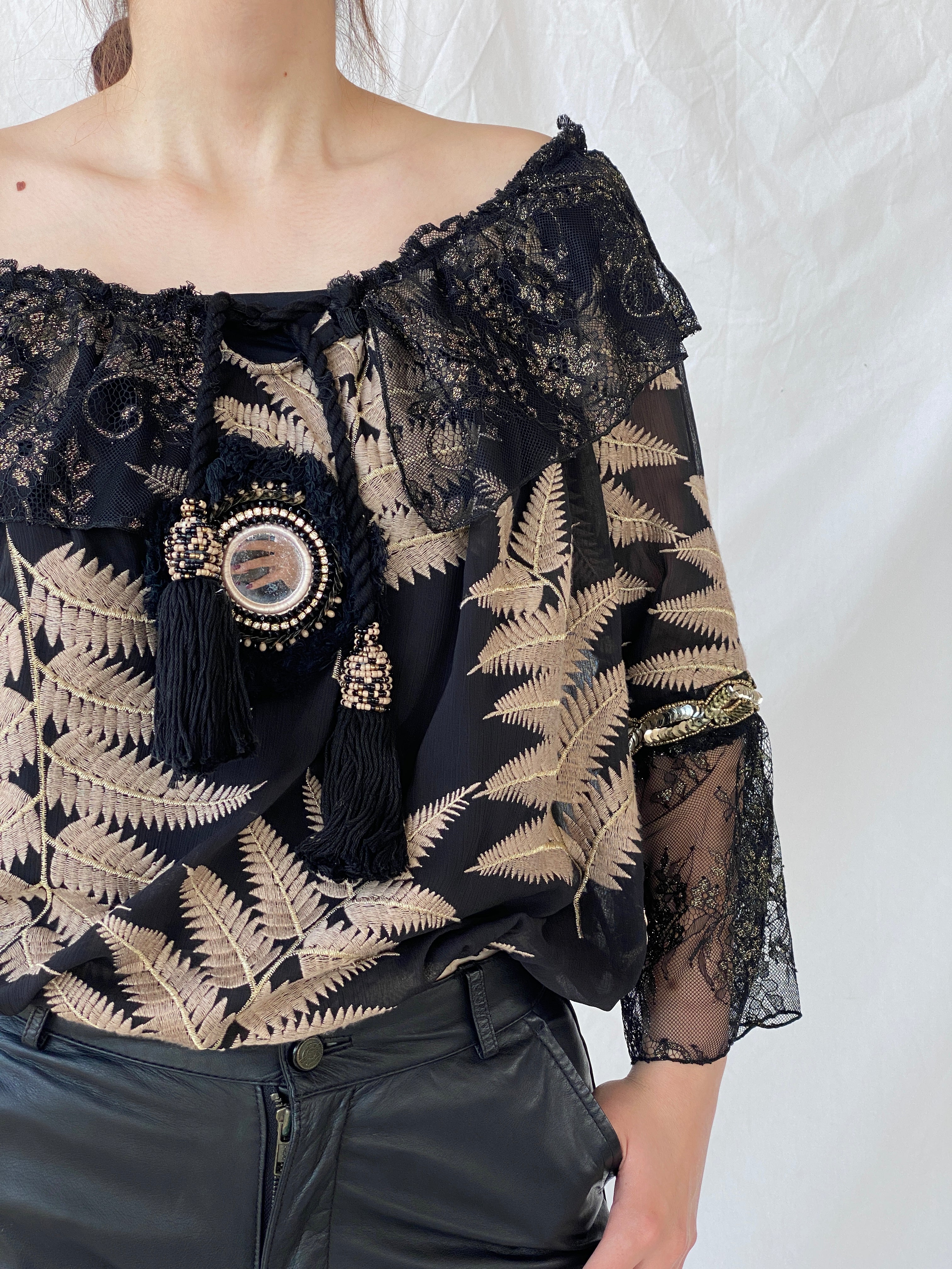 Laurie And Joe Bohemian Black Sheer and Lace Embroidered Off Shoulders Top - M