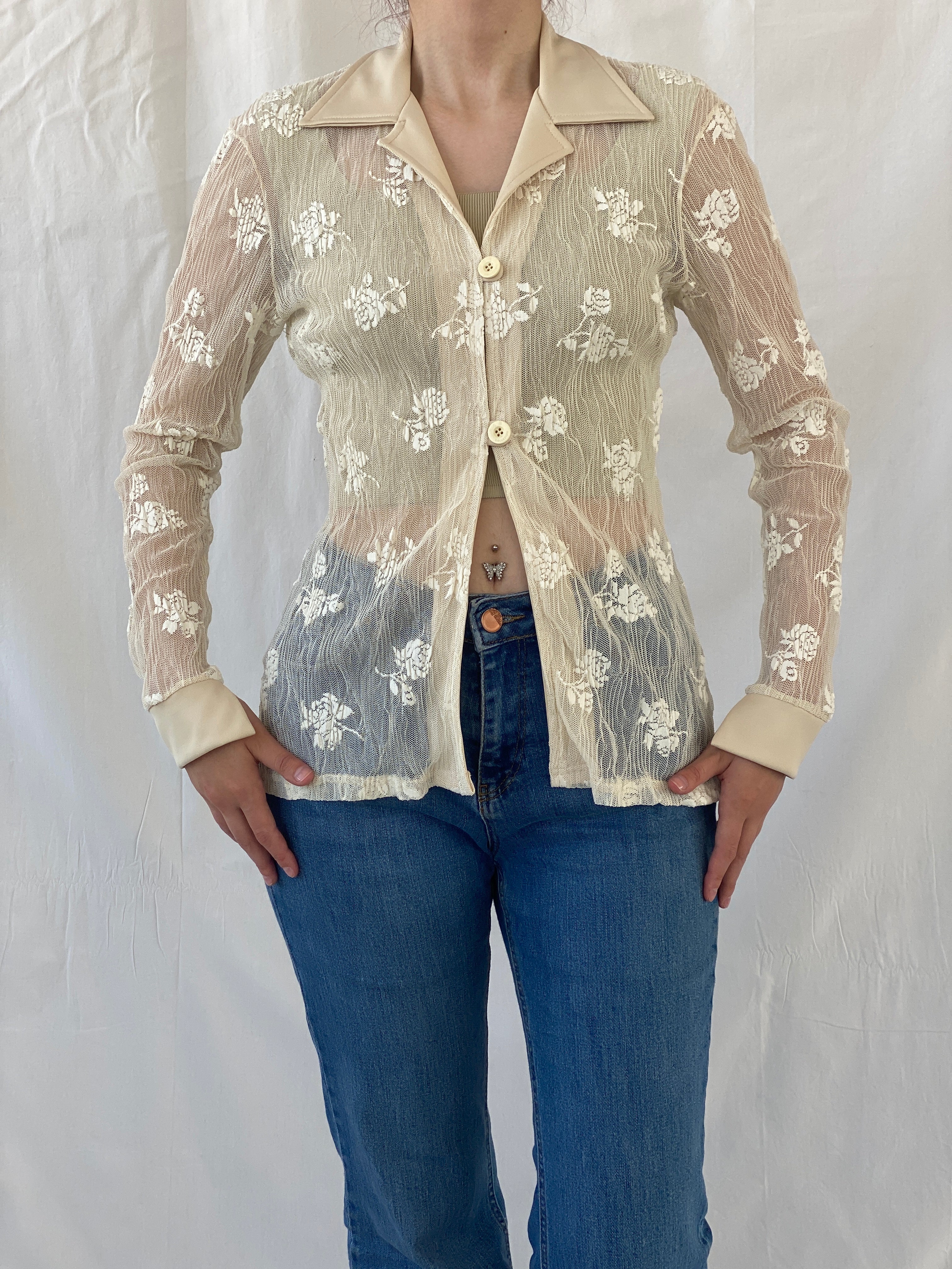 Vintage R&B Rebecca Blu Beige Floral Mesh Cardigan Shirt - M