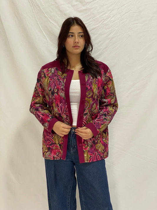 Vintage Quilted Floral Jacket Burgundy & Pink Paisley Button-Up Jacket - XL