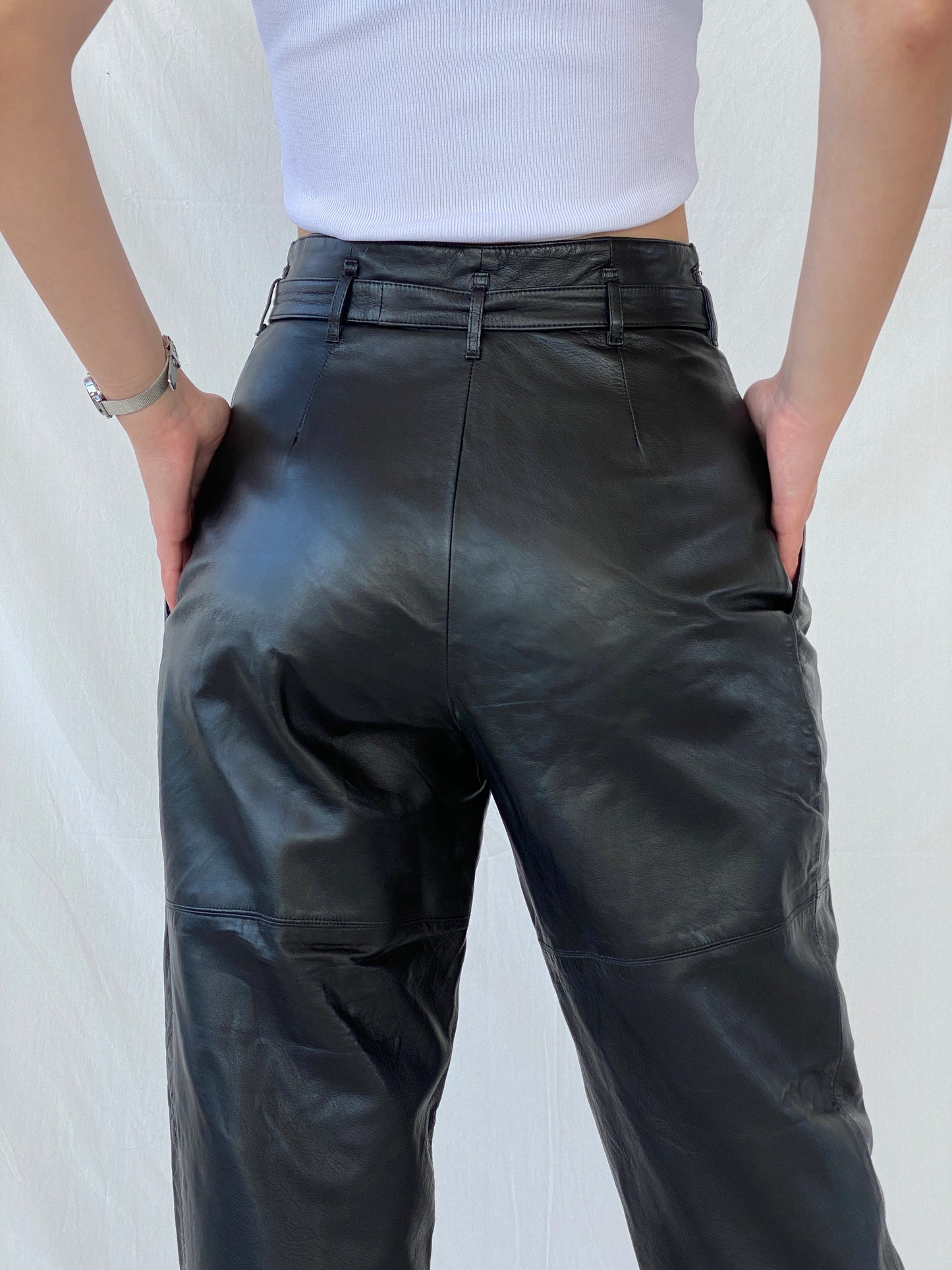 Vintage Betty Barclay Black Genuine Leather Biker Belted Pants - M