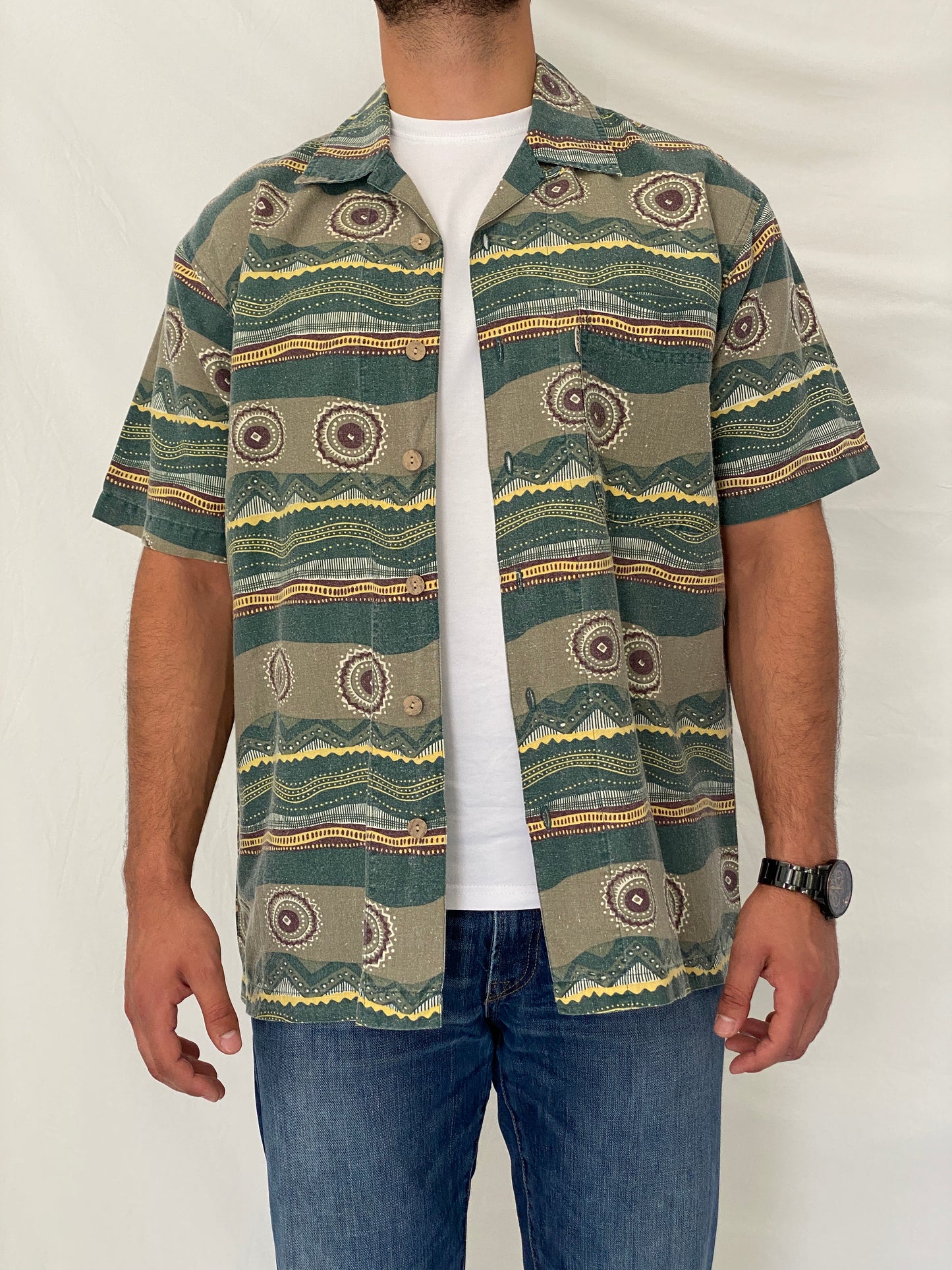90s Bugle Boy Green Abstract Cotton Ramie Camp Shirt – M