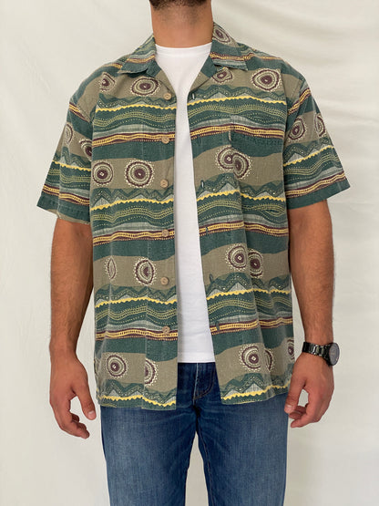 90s Bugle Boy Green Abstract Cotton Ramie Camp Shirt – M
