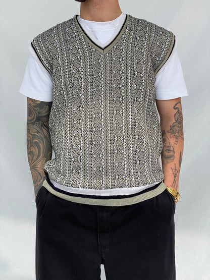 Vintage Men’s Casual V-Neck Patterned Striped Knitted Vest - M