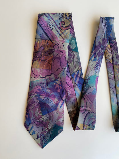 Vintage 1990s Purple Teal Abstract Floral Polyester Wide Necktie