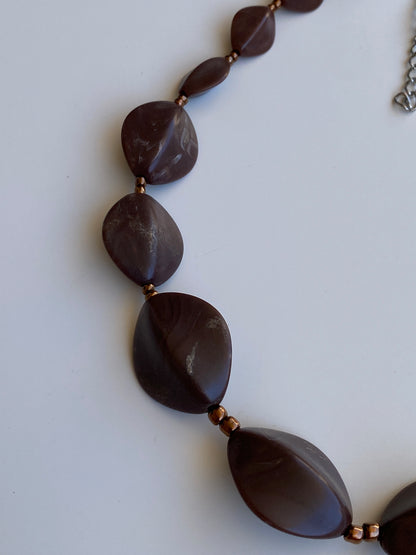 Vintage Y2K Chocolate Brown Sculptural Resin-Style Beaded Statement Necklace