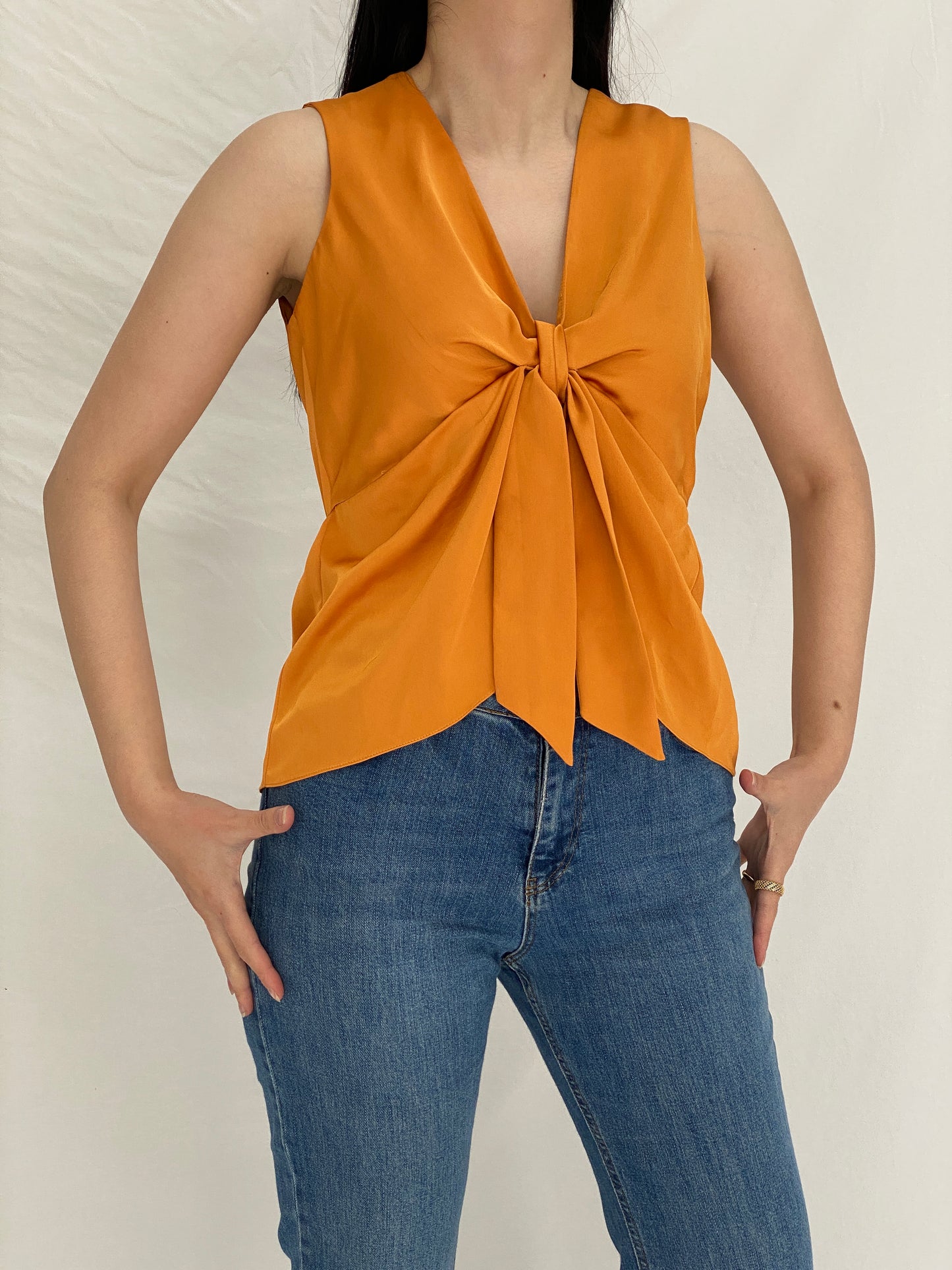 Vintage Orange Satin Tie-Front Blouse Sleeveless Draped Top - M