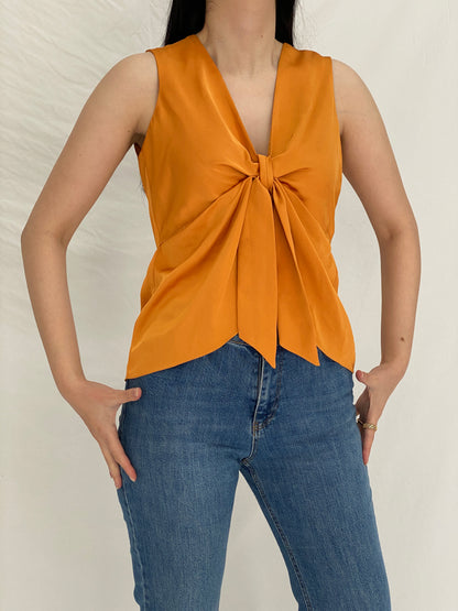 Vintage Orange Satin Tie-Front Blouse Sleeveless Draped Top - M