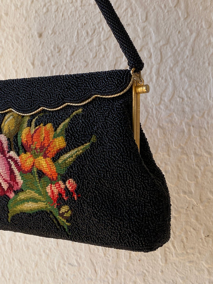 Vintage 1950s Black Micro Beaded Tapestry Floral Evening Bag – Gold Frame Mini Handbag
