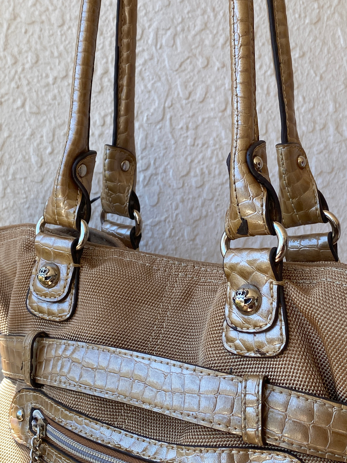 Vintage Y2K Kathy Van Zeeland Tan Canvas & Faux Croc Shoulder Tote Bag Vintage Y2K Kathy Van Zeeland Tan Canvas & Faux Croc Shoulder Tote Bag