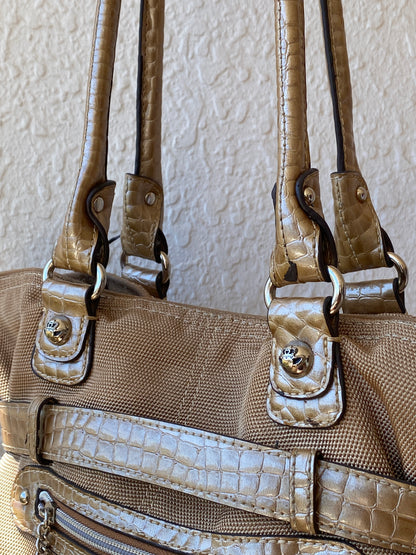 Vintage Y2K Kathy Van Zeeland Tan Canvas & Faux Croc Shoulder Tote Bag