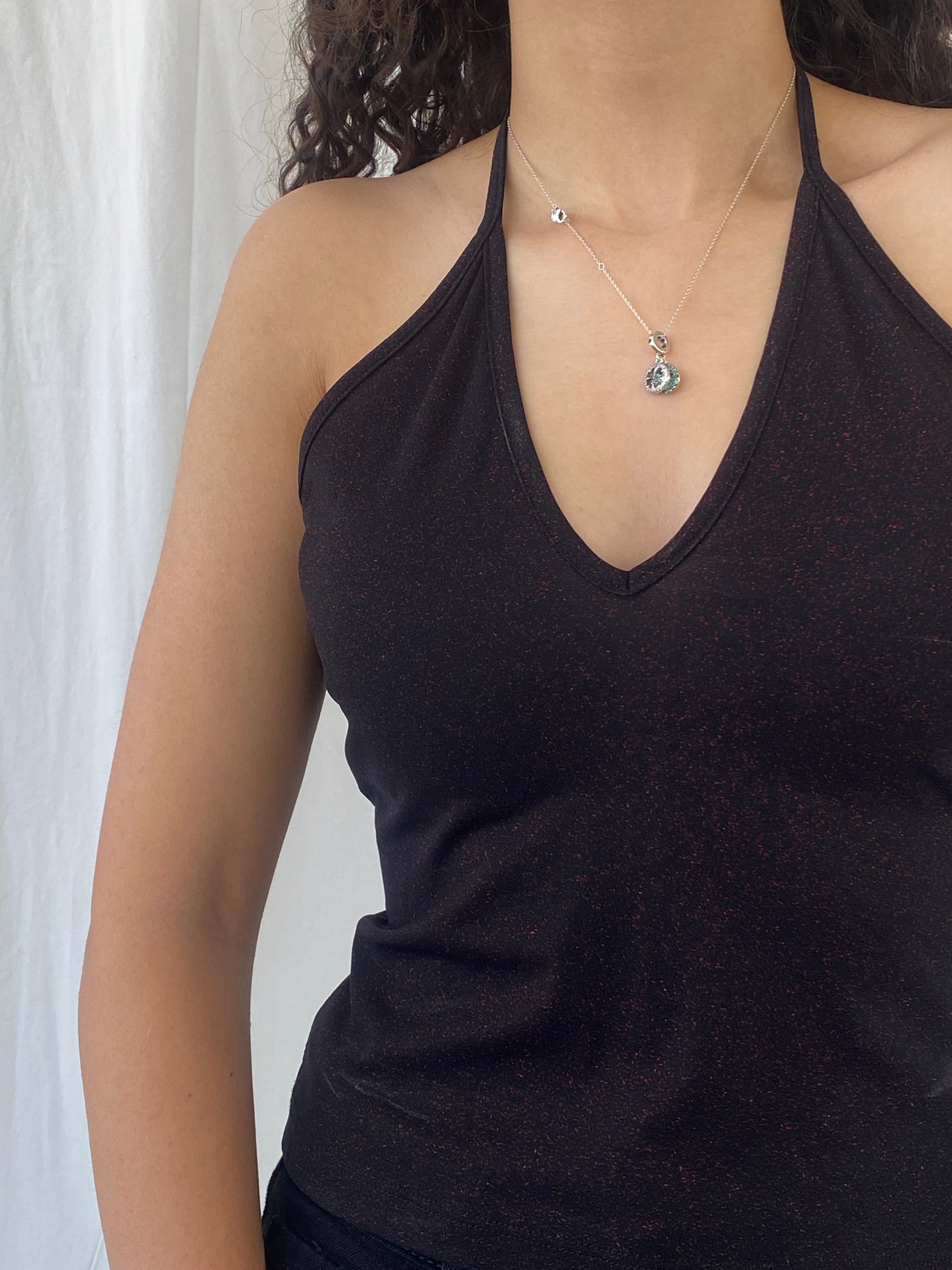 Vintage LA City Black Shimmery Red Halter Top - M