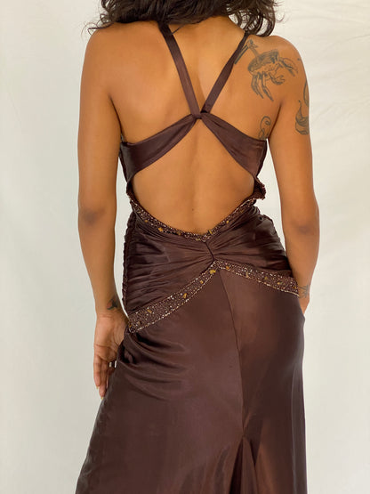 Vintage Y2K Alyce Designs Brown Satin Beaded Lace Cutout Formal Maxi Dress - XS
