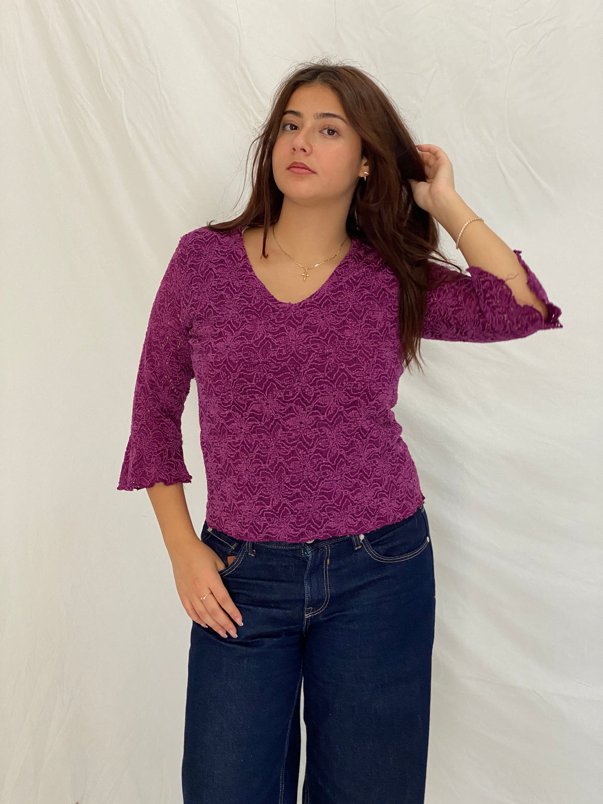 Vintage Y2K Studio 1940 Plum Purple Floral Lace V-Neck Top - L Vintage Y2K Studio 1940 Plum Purple Floral Lace V-Neck Top - L