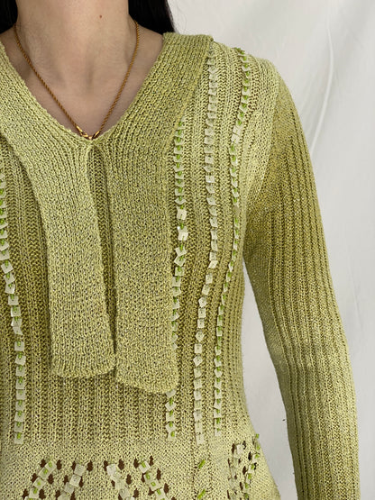 Vintage Y2K Motif Knitted Beaded Full Sleeve Top in Pistachio Green - M