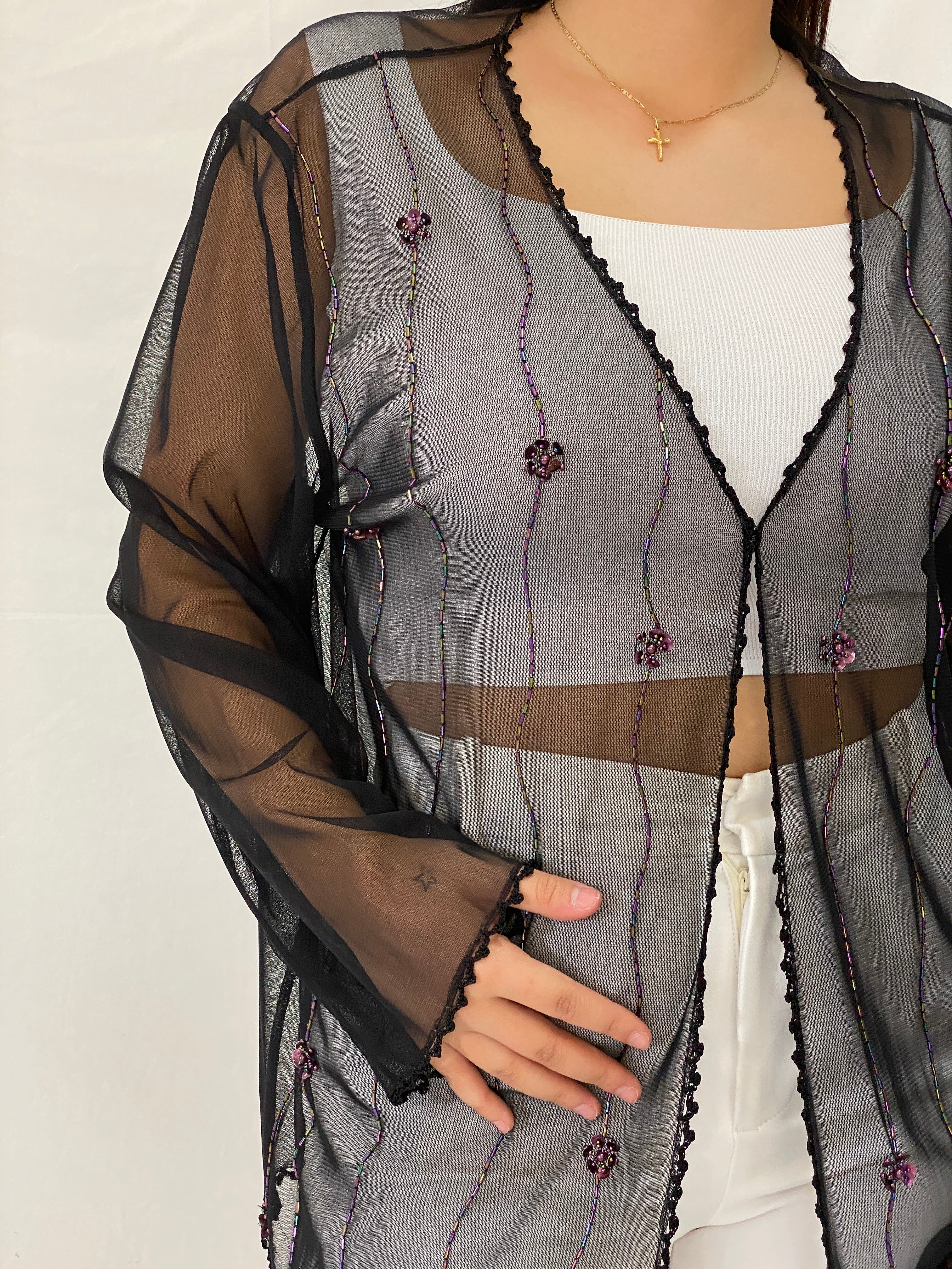 Vintage MISSION Black Sheer Beaded Cardigan Iridescent Sequin Trim Kimono - XL