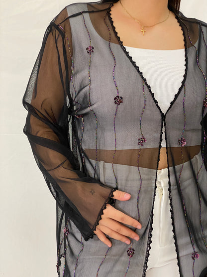 Vintage MISSION Black Sheer Beaded Cardigan Iridescent Sequin Trim Kimono - XL