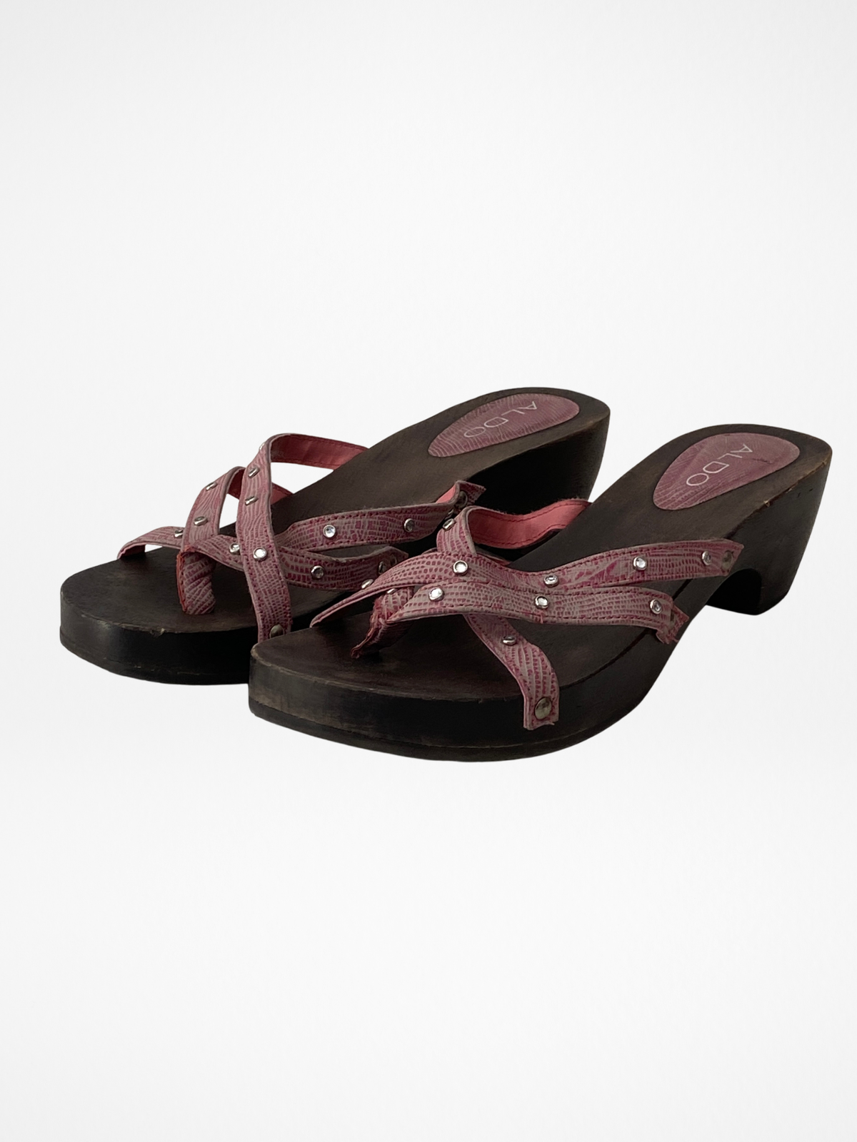 Vintage Y2K ALDO Pink Rhinestone Strappy Wooden Clog Sandals - 37 EU Vintage Y2K ALDO Pink Rhinestone Strappy Wooden Clog Sandals - 37 EU