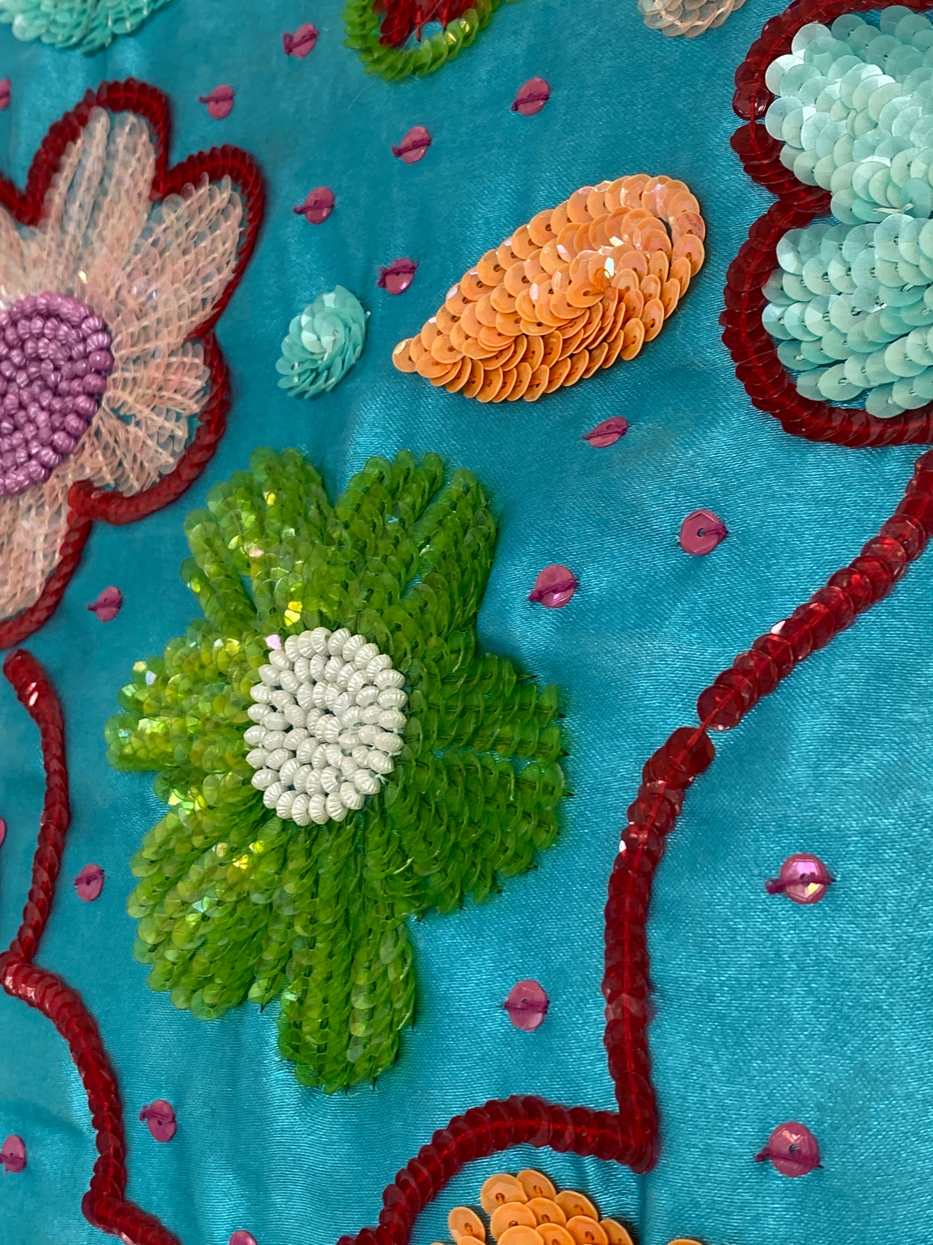 Beautiful Blue Satin Floral Sequined Beaded Strap Tote Bag