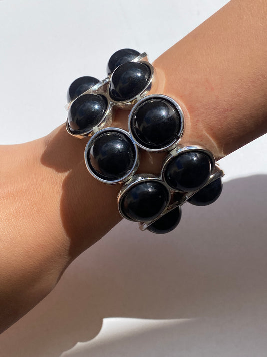 Vintage Black Cabochon Silver Tone Elastic Cuff Bracelet