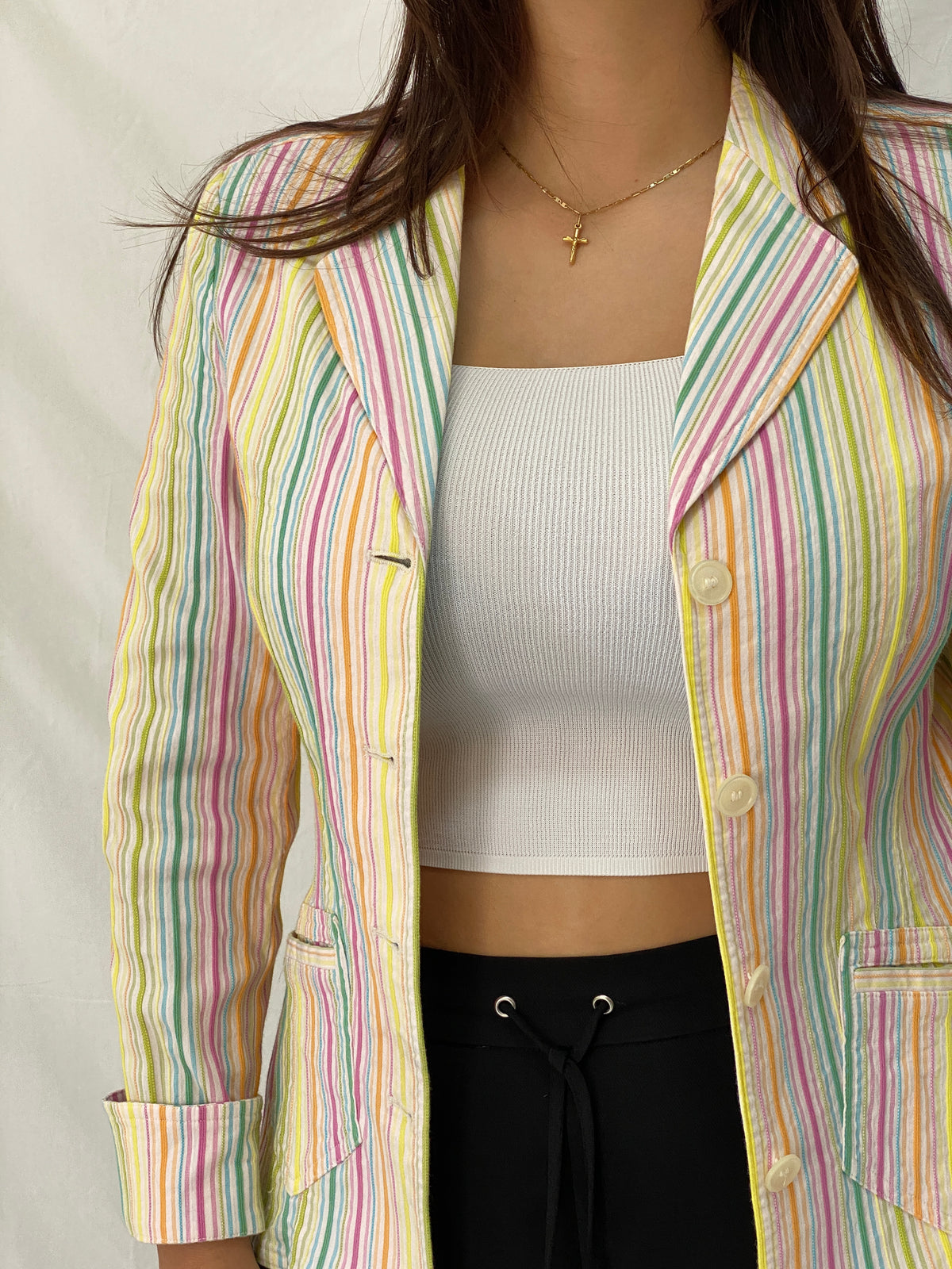 Vintage Y2K Preppy Verse Pastel Striped Rainbow Blazer - S Vintage Y2K Preppy Verse Pastel Striped Rainbow Blazer - S