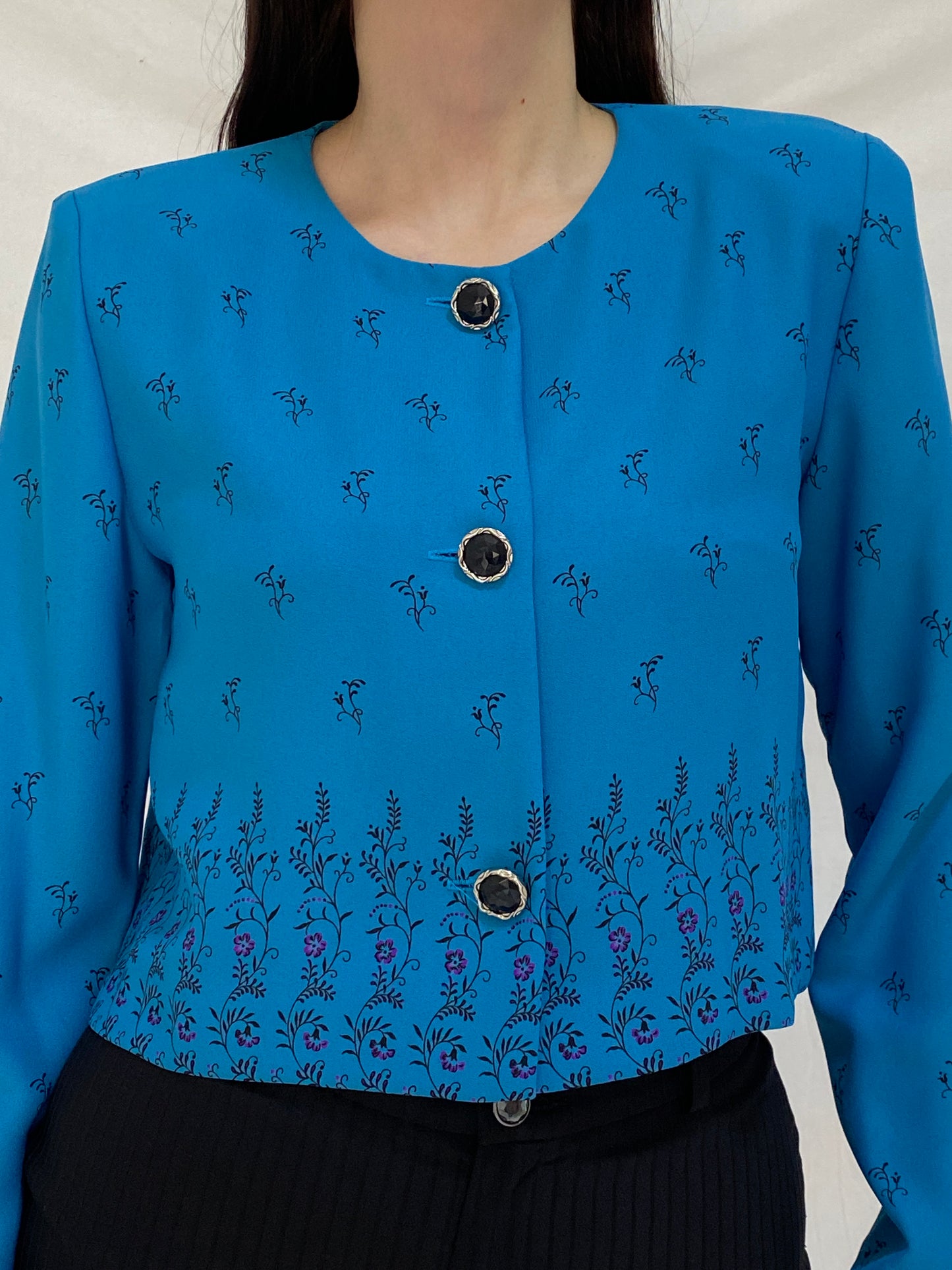 Vintage 90s Leslie Fay Blue Floral Cropped Light Evening Blazer – M